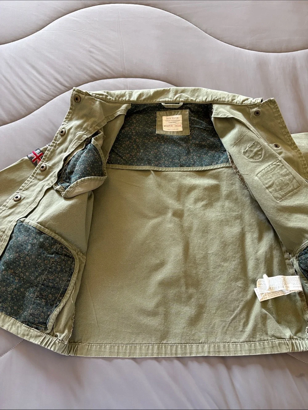 Zara Girls Olive Green Utility Jacket with Patch Detail EUC 7/8